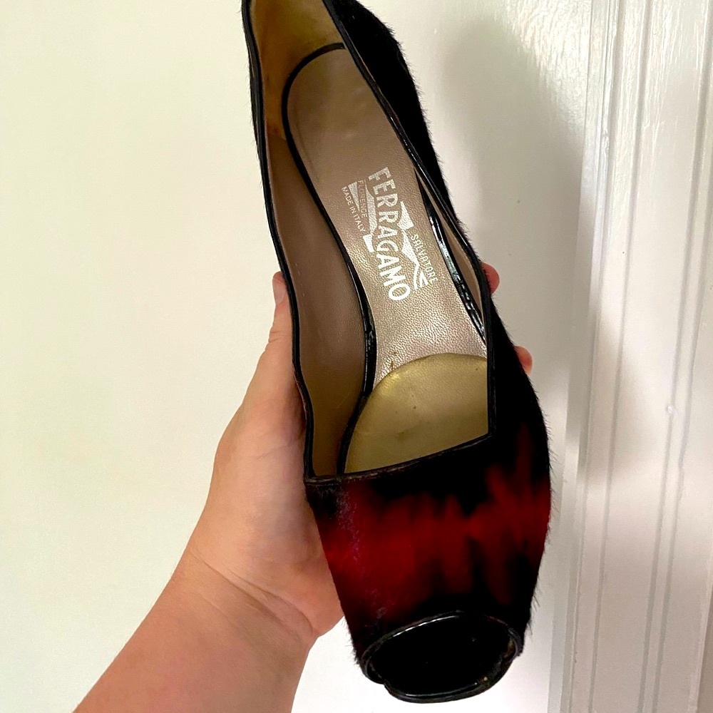 Vintage W9 - 90s Salvatore Ferragamo Pony Skin Peeptoe Heels